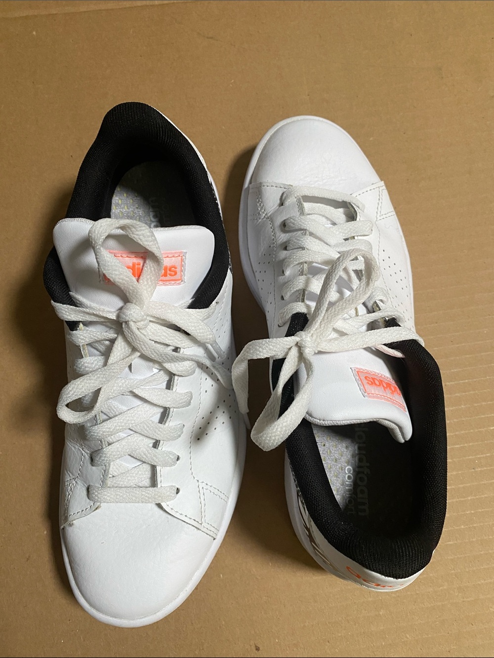 adidas White Sneakers with Black Graphic Heel and Pink Accent